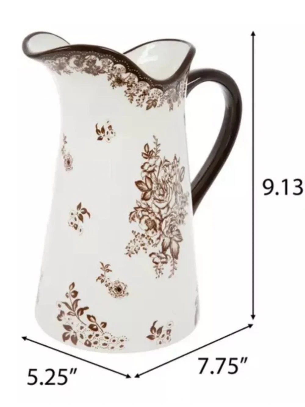 Ashland Brown Silk Peony Stems in Brown and White Floral Toile Pitcher
